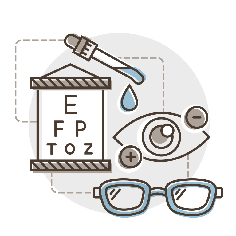 Collection of icons: eye chart, eye drops, glasses, eye with plus and minus signs