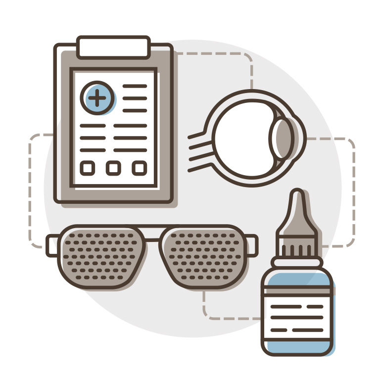 Collection of icons: special glasses, eye diagram, clipboard, eyedrop bottle
